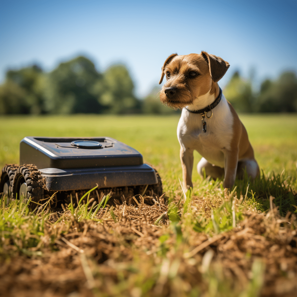 Hond naast robotmaaier, poep komt vast te zitten in grasmaaier.